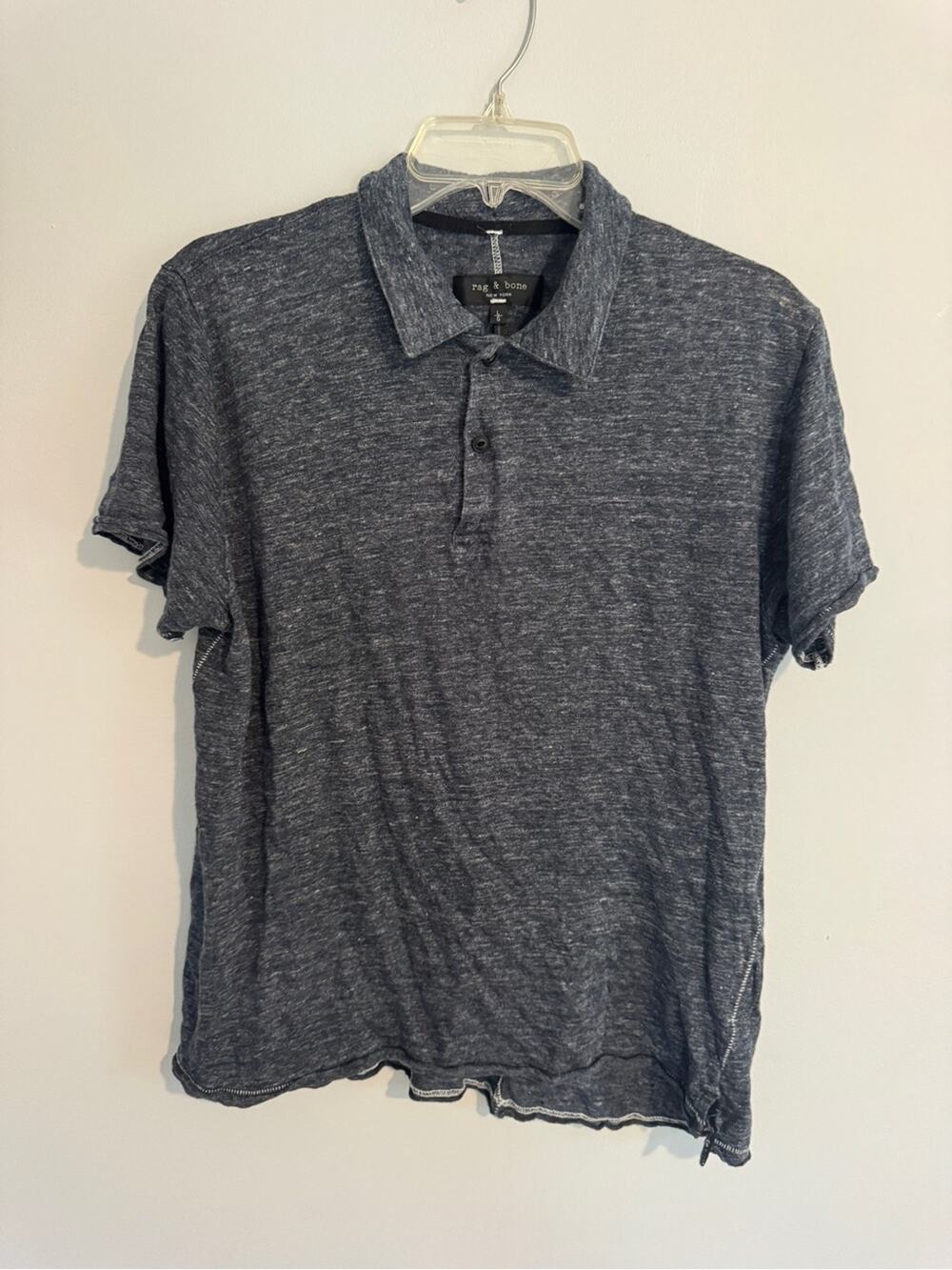 rag & bone Men’s Navy Linen Polo Shirt - Large